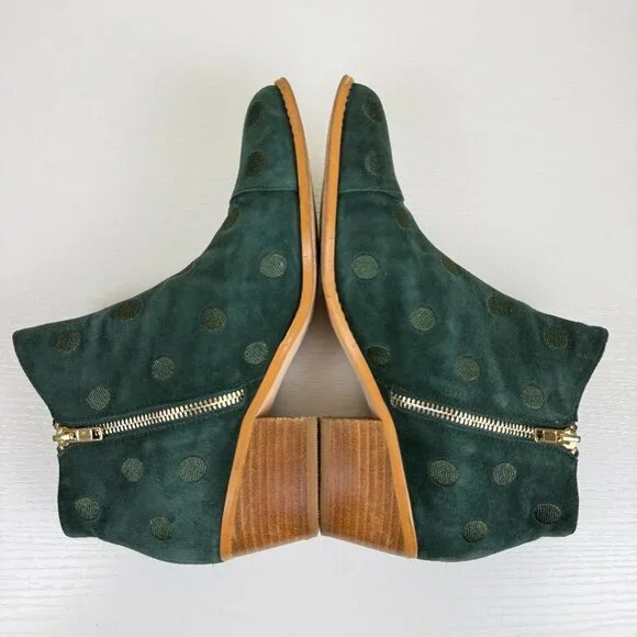 Anthropologie Polka Dot Hunter Green Suede Ankle Boots - Picture 5 of 11